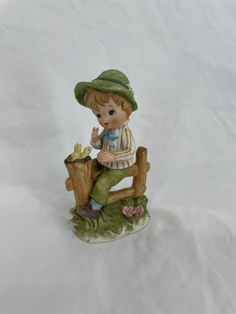 Vintage 1984 Lefton China Hand Painted Boy Sitting on Fence Baby Bird #02891